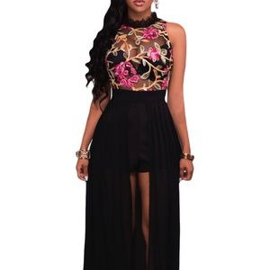 Black Romper Maxi, Mesh top with embroidery